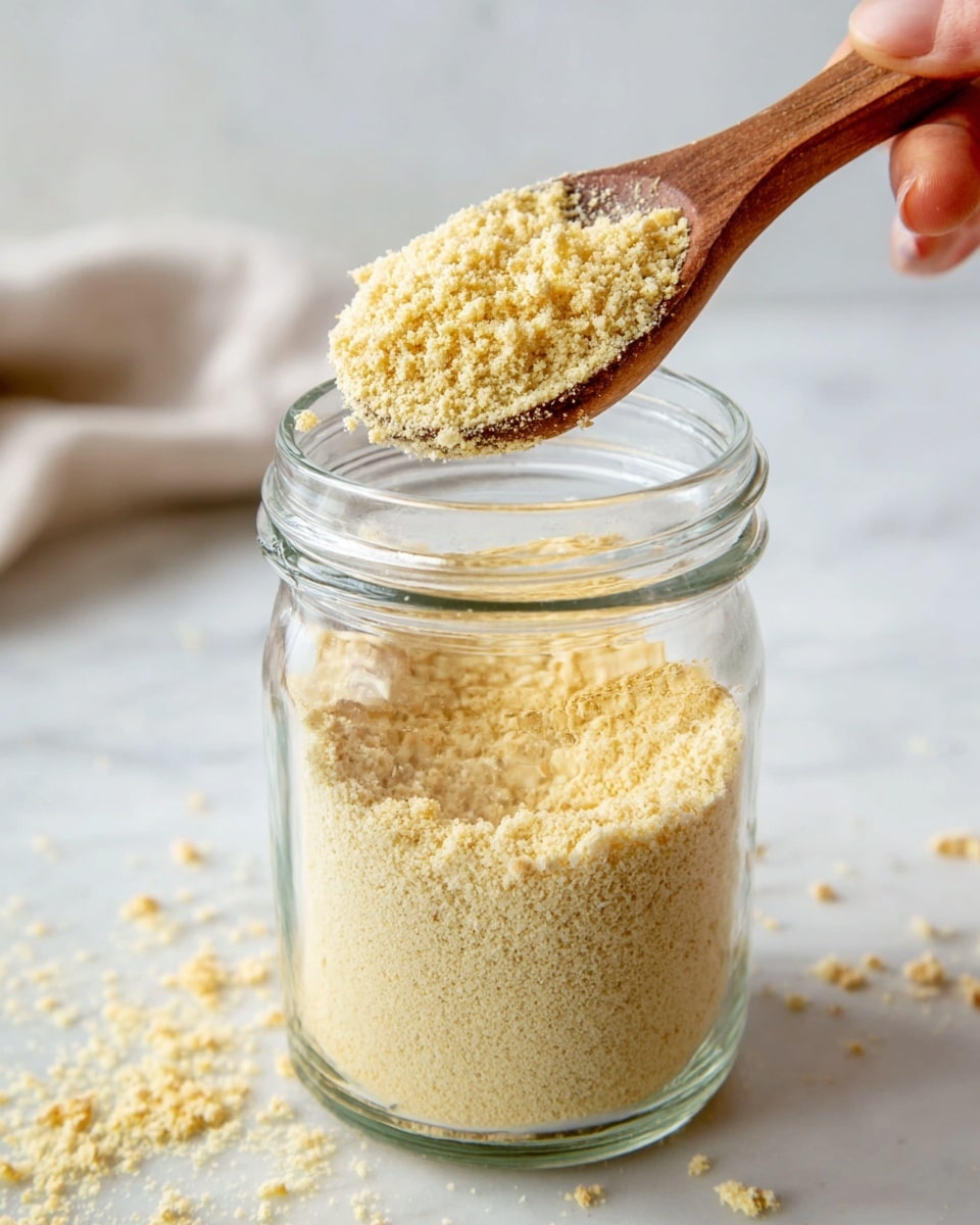 A clear glass jar filled with a crumbly light yellow powdery substance near the top of the jar, with some scattered crumbs around the base on a white marbled surface. A wooden spoon held by a woman's hand is scooping some of the crumbly powder from the jar, showing a textured mix of small and medium-sized granules. The background is bright and blurred, highlighting the jar and spoon in sharp focus. Photo taken with an iphone --ar 4:5 --v 7