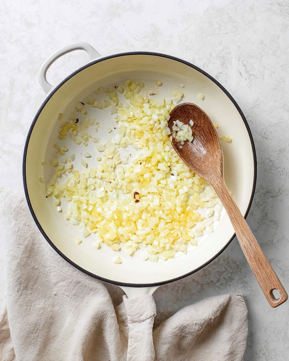 A white pan with black edges contains small diced onions being cooked, spread unevenly around the center and right side of the pan. The onions are pale yellow and slightly translucent with some light browning near the pan's edges. A wooden spoon rests inside the pan, with a few diced onion pieces on it. The pan is placed on a white marbled surface with a beige fabric napkin partially visible on the lower right side. Photo taken with an iphone --ar 4:5 --v 7