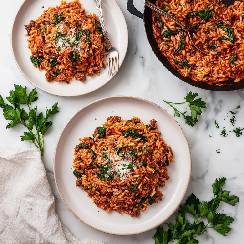 A large white oval pan filled with a thick layer of reddish-brown tomato sauce mixed with small pasta and ground meat, dark green spinach leaves scattered throughout the pasta mixture, and sprinkled generously on top with light brown grated cheese and chopped parsley. A wooden spoon rests inside the pan, partially submerged in the sauce, with some sauce clinging to the pan's inner edges. The pan sits on a white marbled surface with scattered green parsley leaves nearby and small white bowls filled with sesame seeds and parsley, and a light gray cloth napkin on the side. Photo taken with an iphone --ar 4:5 --v 7