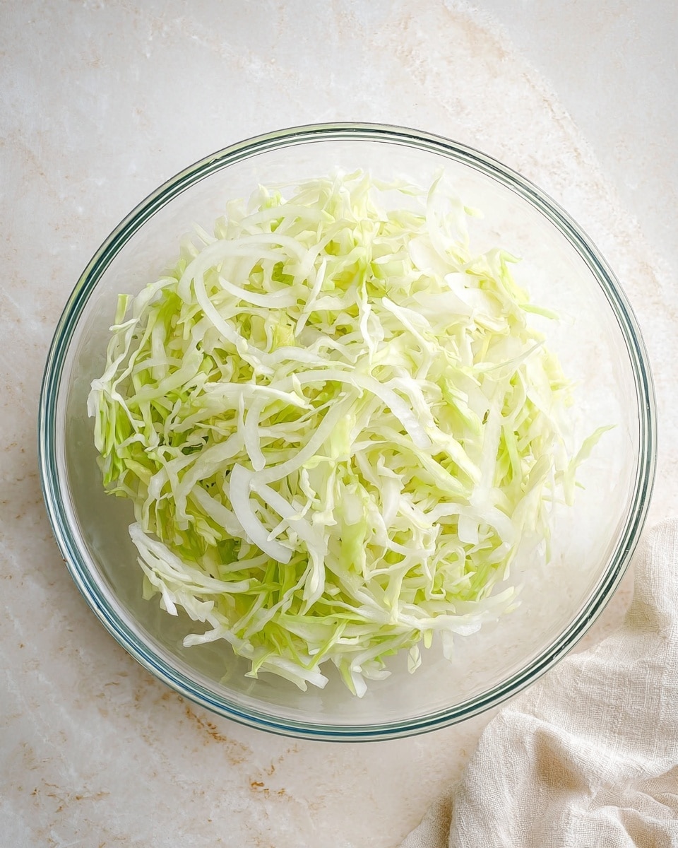A clear glass bowl holds thin, light green to white shredded cabbage and sliced white onions with a slightly curly texture, all mixed together inside. The bowl sits on a white marbled surface with a soft cloth on the bottom right corner. The overall look is fresh and simple, with bright natural light showing the textures clearly. photo taken with an iphone --ar 4:5 --v 7