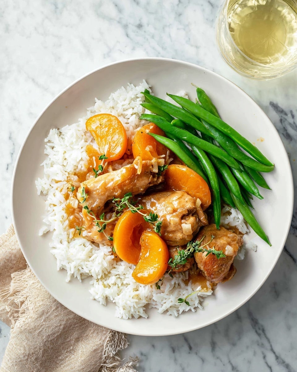 A white plate sits on a white marbled surface, filled with three main layers: at the bottom, a bed of fluffy white rice; on top of the rice, two cooked chicken pieces in a light brown sauce with soft, orange apricot halves and small green herb sprigs; next to the rice and chicken, a neat row of bright green beans. On the side, a clear glass with light yellow liquid is partially visible. photo taken with an iphone --ar 4:5 --v 7