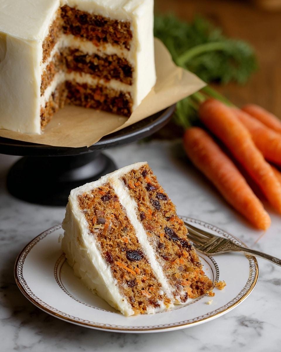 A slice of carrot cake with three layers of moist brown cake filled with visible bits of carrot and dark raisins, separated by two thin layers of smooth white cream cheese frosting, all covered in a thick white frosting on the outside; the slice sits on a white plate with a gold rim and a fork placed to the side, with a whole cake on a parchment-lined black cake stand and a bunch of fresh orange carrots with green tops in the background on a white marbled surface, photo taken with an iphone --ar 4:5 --v 7