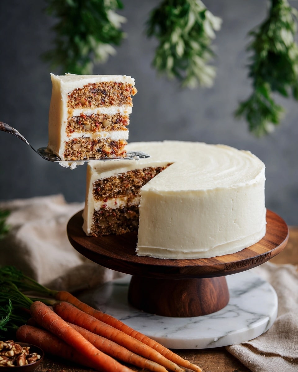 A round cake with smooth, creamy white frosting covers the outside. The cake has three brown layers with nutty and fruity bits inside, separated by two layers of light cream. A piece of the cake is held above the whole cake by a silver spatula showing the inside clearly. The whole cake sits on a dark wooden stand with a white marbled background, and fresh orange carrots lay placed nearby. Green leaves hang in the background. photo taken with an iphone --ar 4:5 --v 7