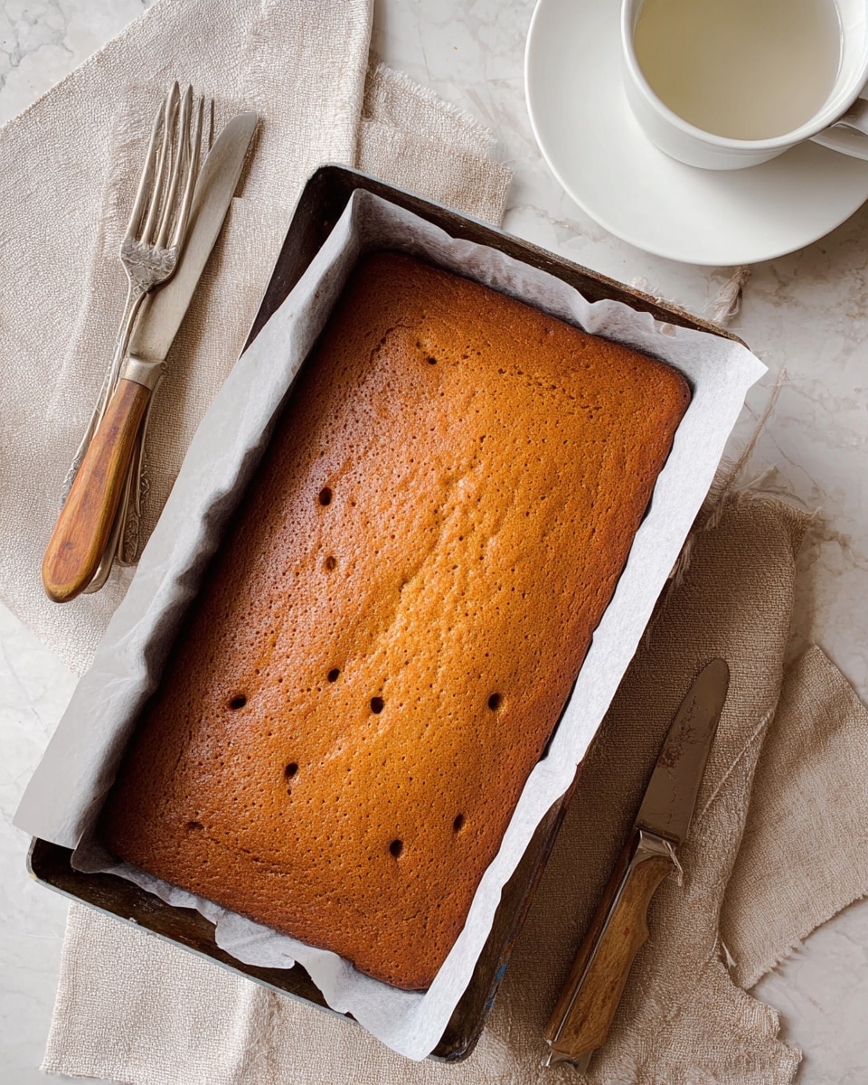 A rectangular golden-brown baked cake sits in an old dark metal pan lined with white parchment paper, showing a smooth yet slightly textured surface with tiny air holes. The pan is placed on a beige cloth over a white marbled surface. To the top right, there is a white cup filled with clear water on a white saucer, next to two tarnished forks atop the saucer. A dull knife with a wooden handle rests on the pan's edge. Photo taken with an iphone --ar 4:5 --v 7