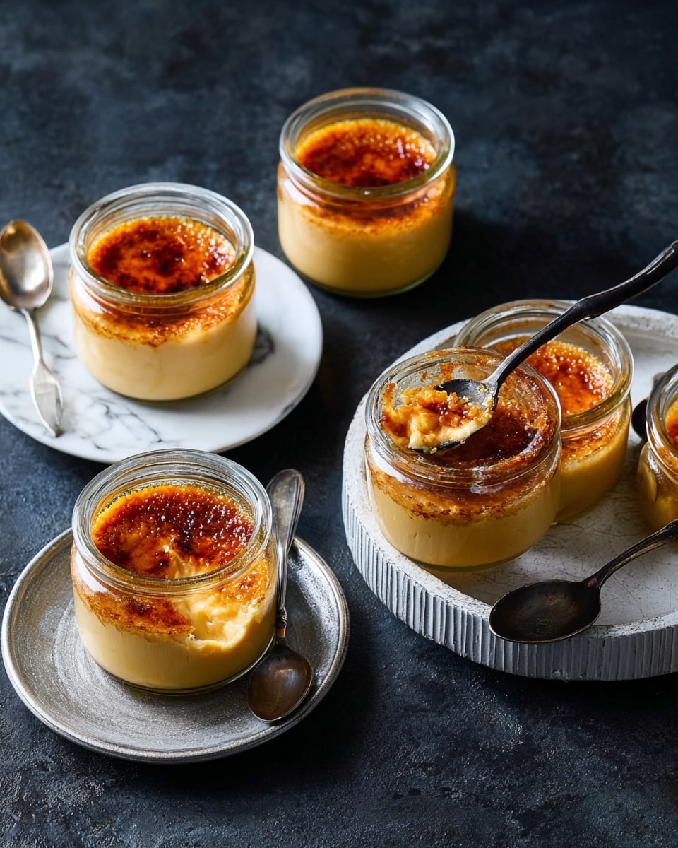 The image shows a small glass jar filled with a two-layer dessert. The bottom layer is smooth and creamy with a soft golden brown color. The top layer is a shiny, cracked caramelized sugar topping that has a rich amber color and a glassy texture, breaking into pieces with a silver spoon placed inside. The jar sits on a dark textured surface with two other similar jars blurred in the background. photo taken with an iphone --ar 4:5 --v 7