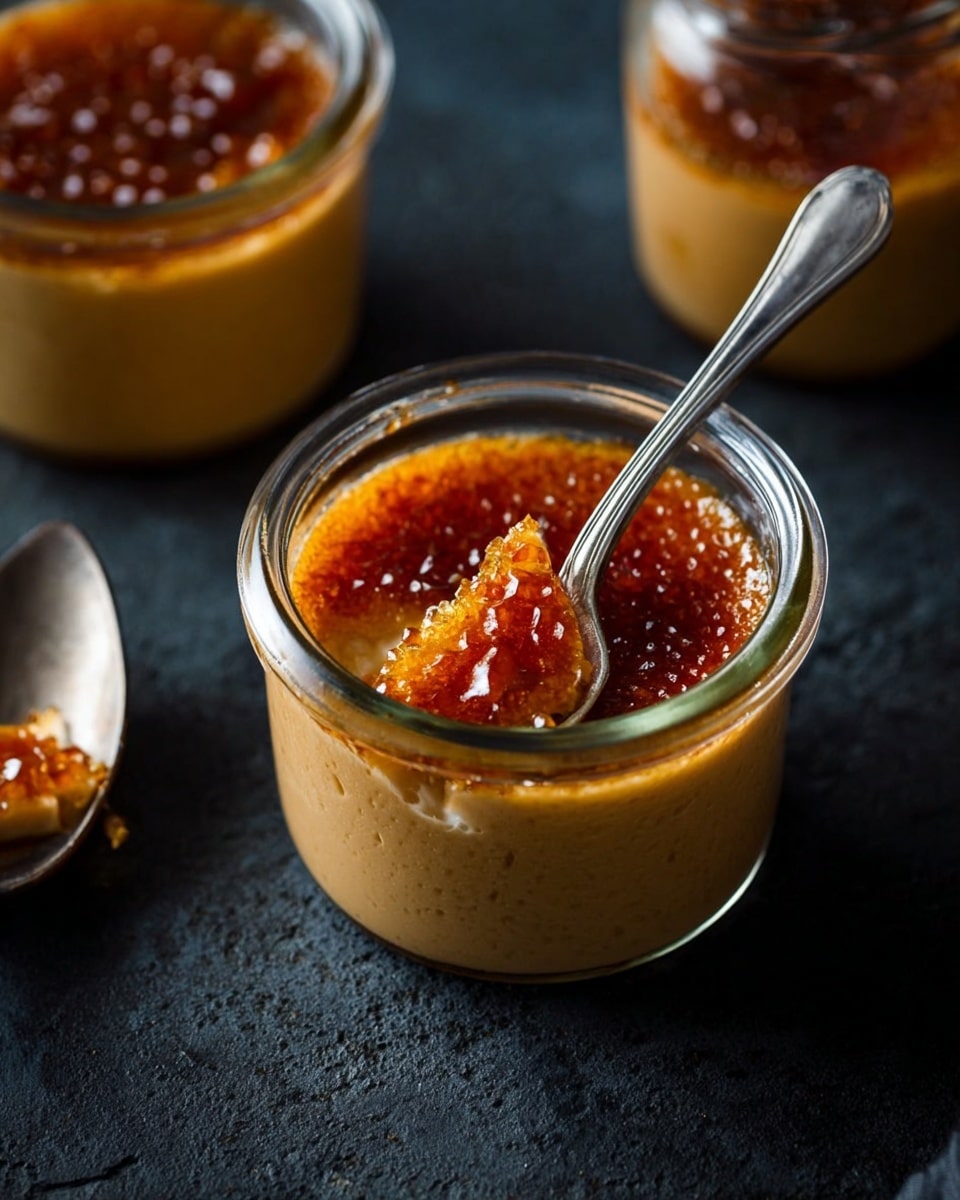 The image shows five small glass jars filled with creamy caramel-topped custard, with a burnt amber layer on top. Four jars are grouped on two white, round metal trays with scalloped edges, and one jar is set alone on the white marbled surface beside a small spoon and a small dark bowl filled with raw sugar. The custard layers are pale yellow and smooth in texture, topped with a thin, glossy, burnt caramel layer ranging from bright orange to dark brown. A small spoon with a metallic shine rests in front of the closest jar, adding a simple touch. The white marbled surface contrasts with the warm colors of the custard, and overall lighting highlights the texture and glass jars clearly, with a soft shadow underneath. photo taken with an iphone --ar 4:5 --v 7