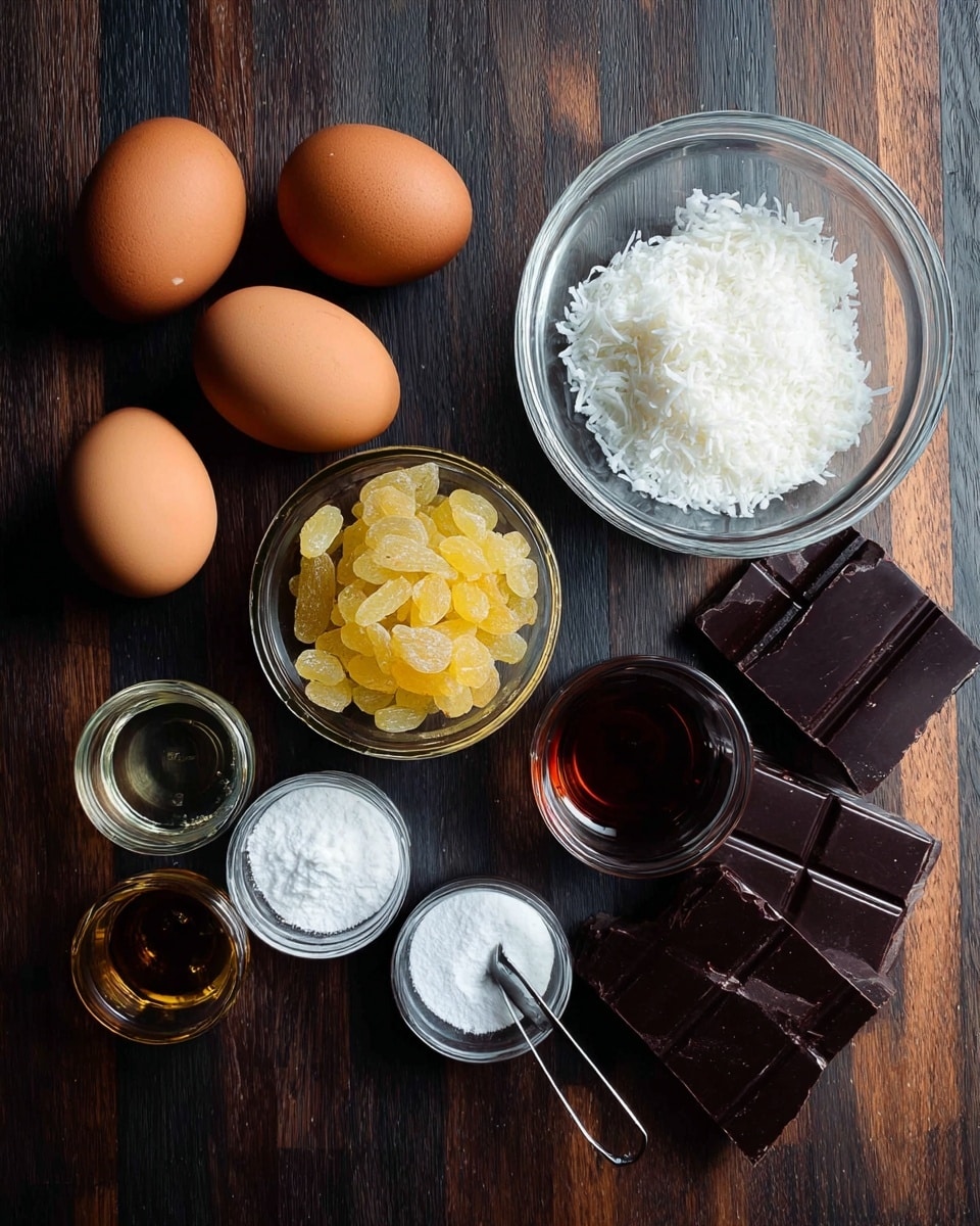 The image shows a collection of baking ingredients laid out on a dark wooden surface, with no layers but each ingredient clearly visible. Four brown eggs are scattered around; three near the top and one at the bottom. There are two small glass bowls, one filled with clear liquid, and the other with white shredded coconut. A third small glass bowl holds yellowish dried fruit pieces. Next to them are small containers with white granulated sugar, a dark brown liquid, and two teaspoons with white powders. To the right of the bowls is a small pile of dark chocolate squares. The surface is a white marbled texture. photo taken with an iphone --ar 4:5 --v 7