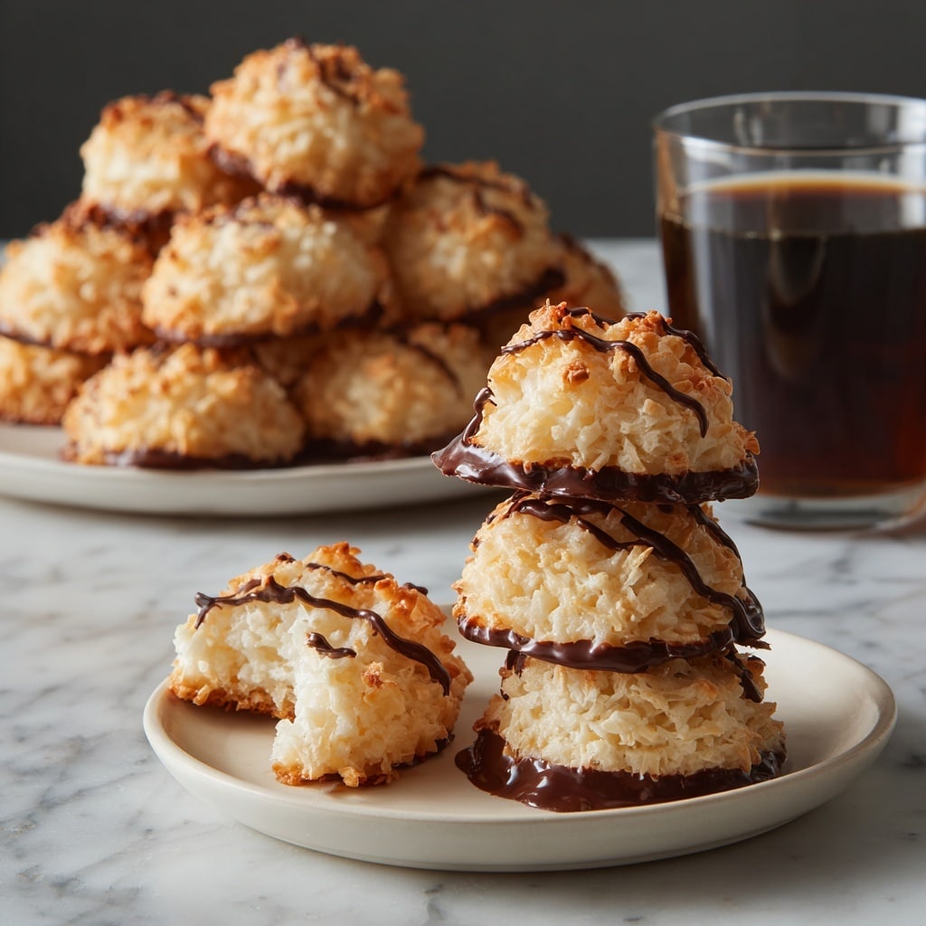 The image shows two white plates on a white marbled surface, each filled with coconut macaroons that have a light golden-brown color with rough, textured surfaces. The macaroons are drizzled with thin, dark chocolate lines on top. One stack of four macaroons is balanced on the right side of the front plate, each macaroon dipped halfway in dark chocolate at the bottom, giving a glossy look. Next to the stack, there is a bitten macaroon showing the light fluffy inside. The plate behind holds a larger pile of the same macaroons in soft focus. The dark matte background contrasts with the white dishes. A clear glass of dark coffee is placed at the back right, adding a warm feel. Photo taken with an iphone --ar 4:5 --v 7