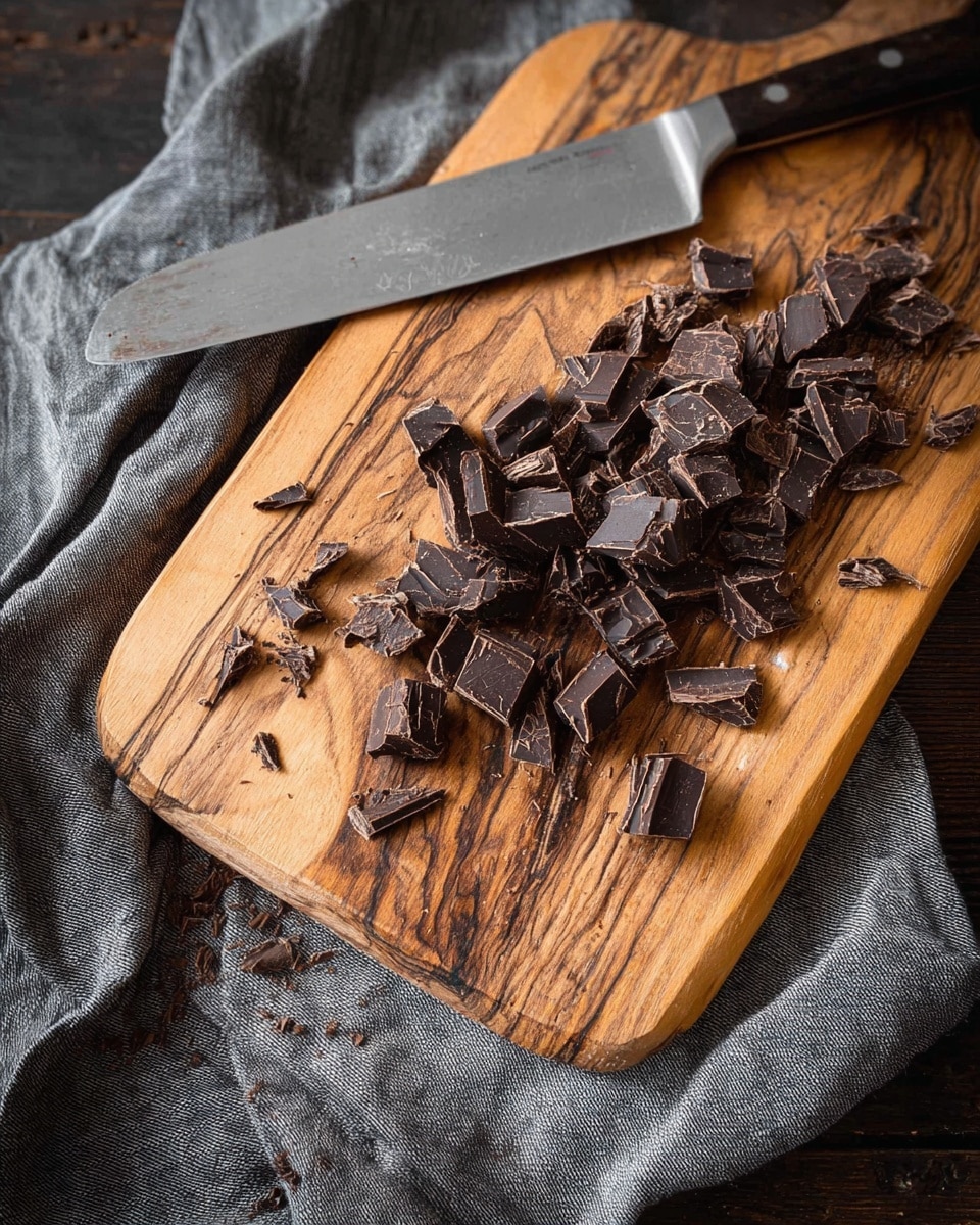 The image shows a wooden cutting board with a natural grain pattern on a grey cloth over a dark wooden table. On the board are many small, uneven dark brown chunks of chocolate scattered around. A large silver knife lies on the left side of the board with some chocolate bits on the blade. The brown wood contrasts with the dark pieces of chocolate, creating a warm and rustic look. photo taken with an iphone --ar 4:5 --v 7