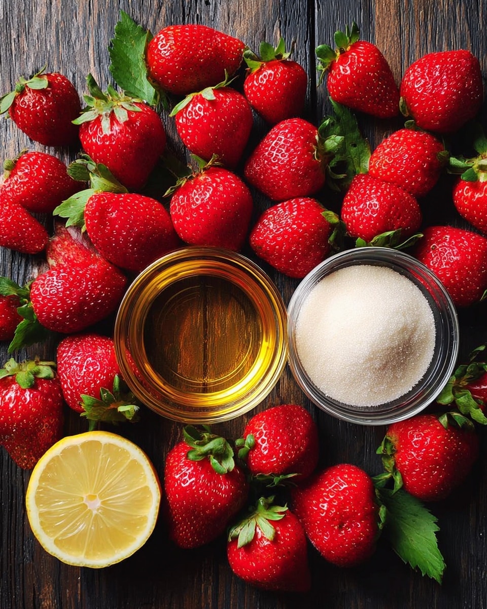 The image shows many fresh red strawberries with green leaves spread out on a dark wooden surface. In the middle, there are two small clear glass bowls, one filled with golden liquid and the other filled with white granulated sugar. At the bottom left corner, there is a half piece of lemon with a bright yellow color. The strawberries create a vibrant contrast against the dark background. photo taken with an iphone --ar 4:5 --v 7