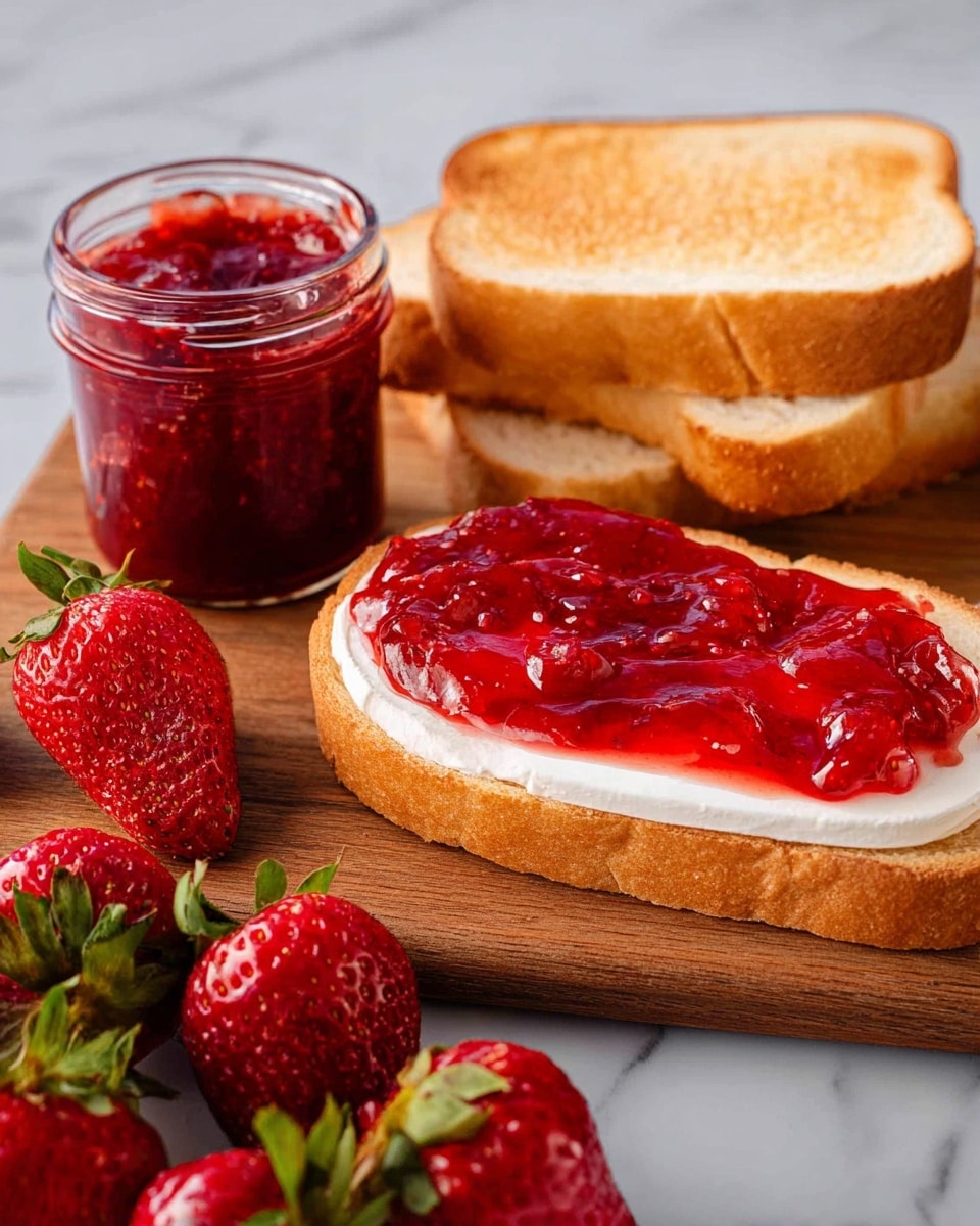 A slice of toasted bread with a light golden-brown color is topped with a smooth white layer of cream cheese, and on top of that is a thick layer of shiny red strawberry jam with visible chunks of fruit. Next to this slice, there are two plain toasted slices stacked on each other, both showing the same golden color. A small jar filled with the bright red strawberry jam sits above the toast. Fresh whole strawberries with green leafy tops are spread around on a wooden board beneath the toast and jar, all placed on a white marbled surface. photo taken with an iphone --ar 4:5 --v 7