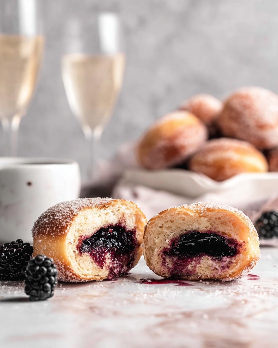 There is a white long dish filled with six sugar-coated golden brown oval donuts, each with a dark purple blackberry jam filling visible on the side. Several whole blackberries are placed inside the dish among the donuts. Next to the dish, on a white round plate on a white marbled surface, there are two more round donuts with powdered sugar on top and the same blackberry jam filling peeking out. A small piece of a cut donut showing the soft inside and jam is also on the plate near some blackberries. The light is soft, highlighting the sugar texture and the rich color of the jam photo taken with an iphone --ar 4:5 --v 7