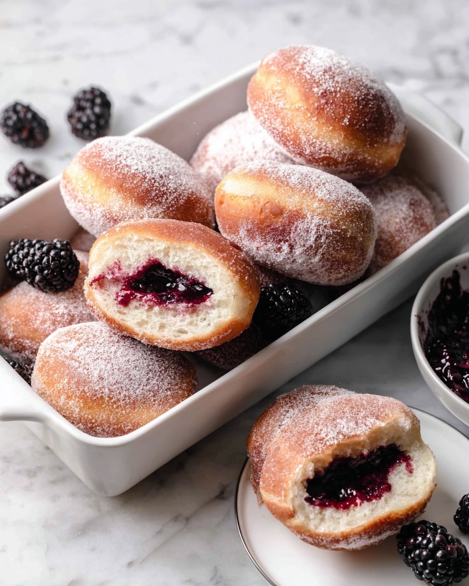 The image shows six round donuts covered in a fine layer of white sugar, each donut filled with dark purple blackberry jam that oozes slightly from the center. Four donuts are stacked in a white rectangular baking dish, nestled among several whole blackberries, with one donut cut in half showing the soft inside and jam filling. Two more donuts sit on a white plate beside the baking dish on a white marbled surface. The donuts have a golden-brown crust with a light, soft interior. photo taken with an iphone --ar 4:5 --v 7