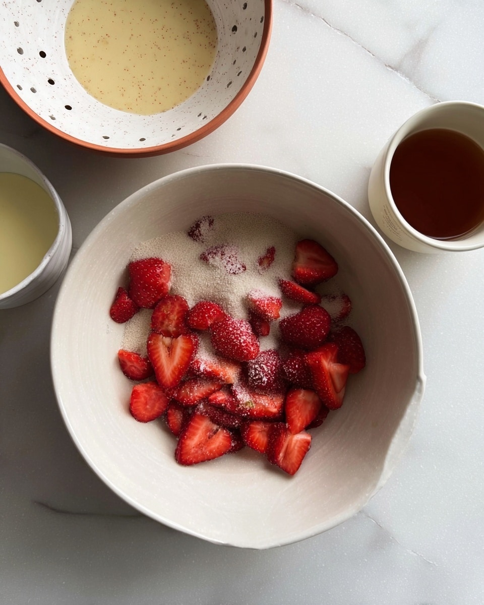 The image shows a white plate with a beige rim holding a small round pastry broken in half to reveal a layer of dark red strawberry filling inside. Beside the pastry, there are two fresh strawberries sitting on a small dollop of red spread. A gold spoon with red spread on it rests diagonally across the top part of the plate. In the background, several more round pastries and a strawberry are out of focus on a white marbled surface. The pastries have a shiny golden-brown crust sprinkled with coarse sugar crystals. Photo taken with an iphone --ar 4:5 --v 7