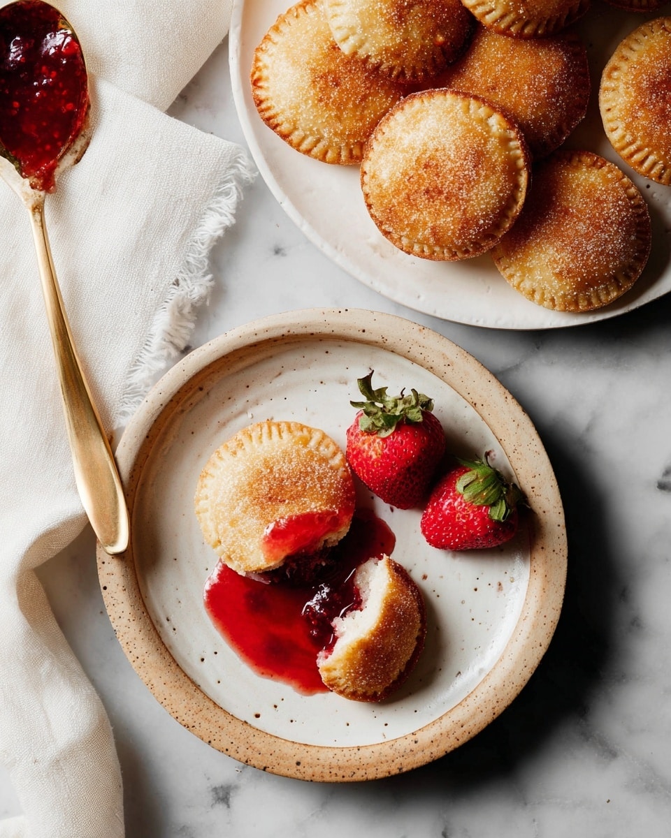 A white plate with a speckled beige rim holds a small, round pastry that is broken in two, showing a red jam layer inside. Next to the pastry are two fresh strawberries resting on a small pool of strawberry sauce, deep red and glossy. Above the plate, a golden spoon with red jam on it lies on a white, soft cloth. In the background, a white plate piled with golden brown, sugar-topped pastries is partially visible on a white marbled surface. The pastries all have a crimped edge and a shiny, textured top photo taken with an iphone --ar 4:5 --v 7