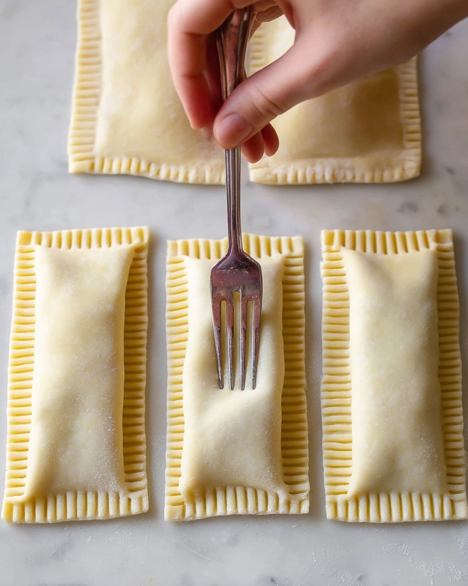 The image shows three rectangular uncooked pastry pockets placed in a row on a white marbled surface. Each pocket has a thin, pale dough layer with a slightly puffy middle where the filling is sealed inside. The edges of the dough pockets are pressed and crimped with fork tines to create a ridged border pattern. A woman's hand is holding a fork, pressing down on the edge of the closest pastry pocket to seal it more firmly. The overall scene is softly lit, focusing on the texture and neatness of the dough layers. photo taken with an iphone --ar 4:5 --v 7