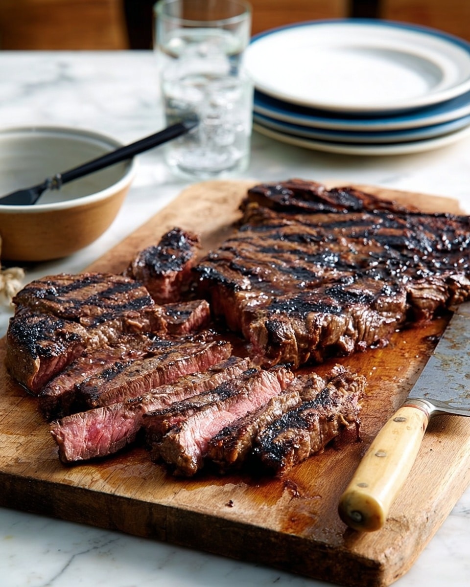 A long piece of well-cooked steak with dark brown grill marks lies across a black grill pan. The steak has a shiny, slightly oily surface with some steam rising from it, showing it is hot and fresh. A woman's hand holding a pair of metal tongs is gently lifting one end of the steak, revealing the textured surface of the grill pan beneath. The scene is set against a white marbled surface. photo taken with an iphone --ar 4:5 --v 7