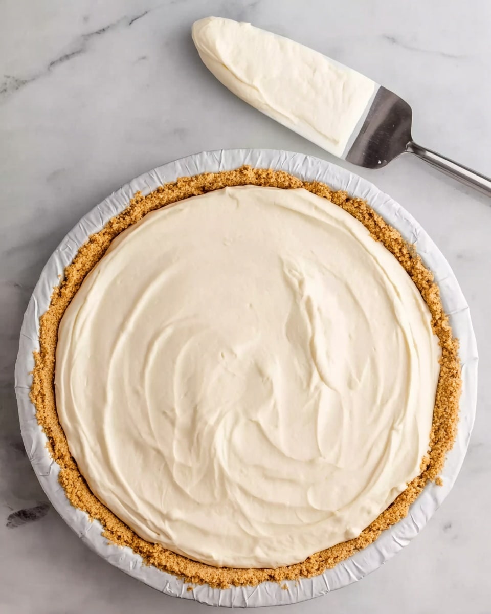 The image shows a round pie with three main layers. The bottom layer is a thick, crumbly golden-brown crust lining the inside of a foil pie tin. The middle layer is a smooth, creamy light beige filling that covers the whole inside of the crust evenly. On top, there are nine dollops of white whipped cream spaced around the edge and one in the center. Each whipped cream dollop has a bright red cherry with a long stem on top. The pie is placed on a white marbled surface. Photo taken with an iphone --ar 4:5 --v 7