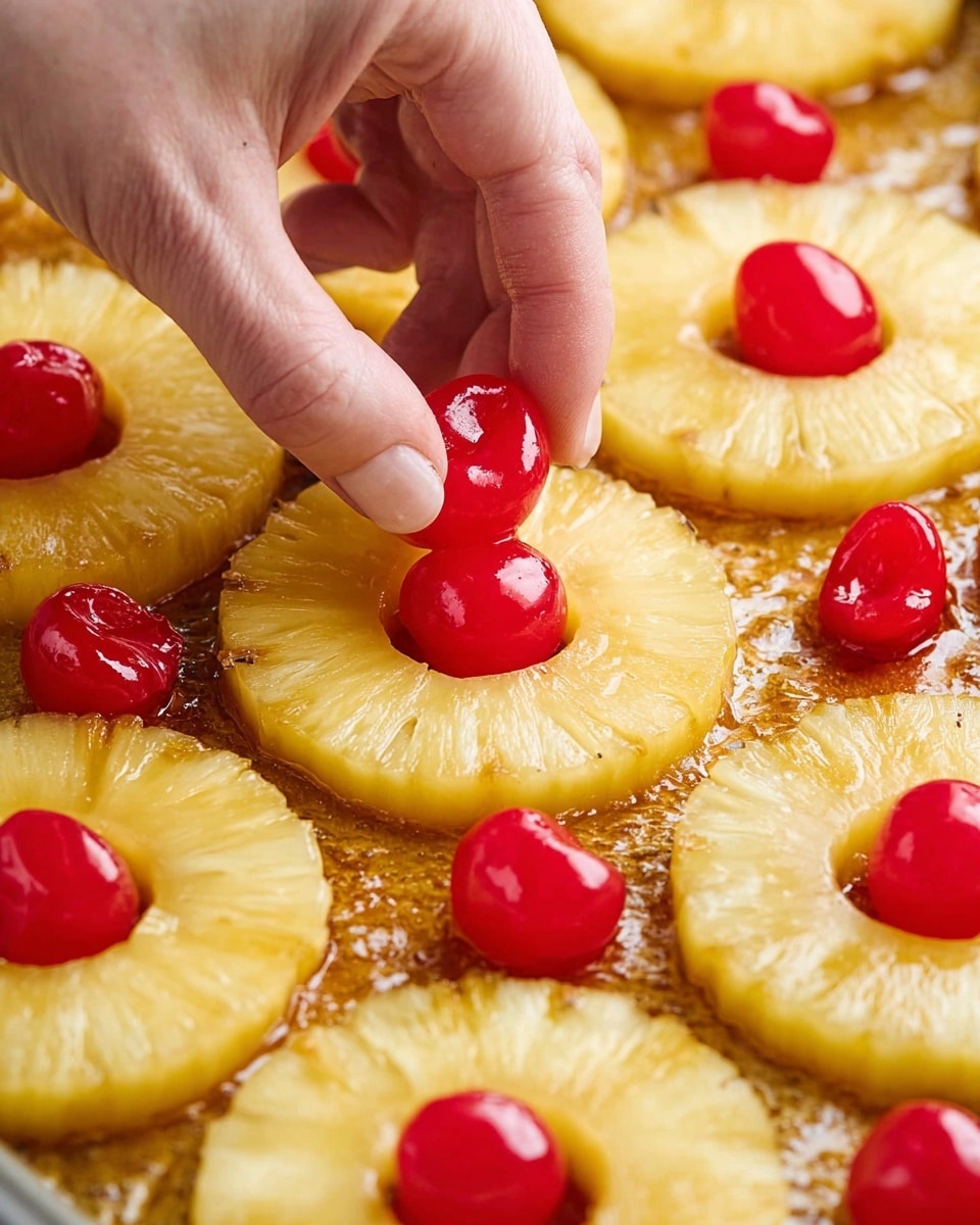 A square piece of yellow pineapple upside-down cake sits centered on a white plate. The cake has a soft, moist texture with a slightly rough surface. On top, there is a shiny caramelized pineapple ring in a brighter yellow shade, slightly translucent, with a smooth texture. In the center of the pineapple ring, a single bright red cherry with a long stem stands upright. To the right on the white marbled surface, a few more cherries are scattered. In the background, on the left side, there is a larger square pineapple upside-down cake with multiple pineapple rings and cherries embedded on top, sitting on a wire rack. Photo taken with an iphone --ar 4:5 --v 7