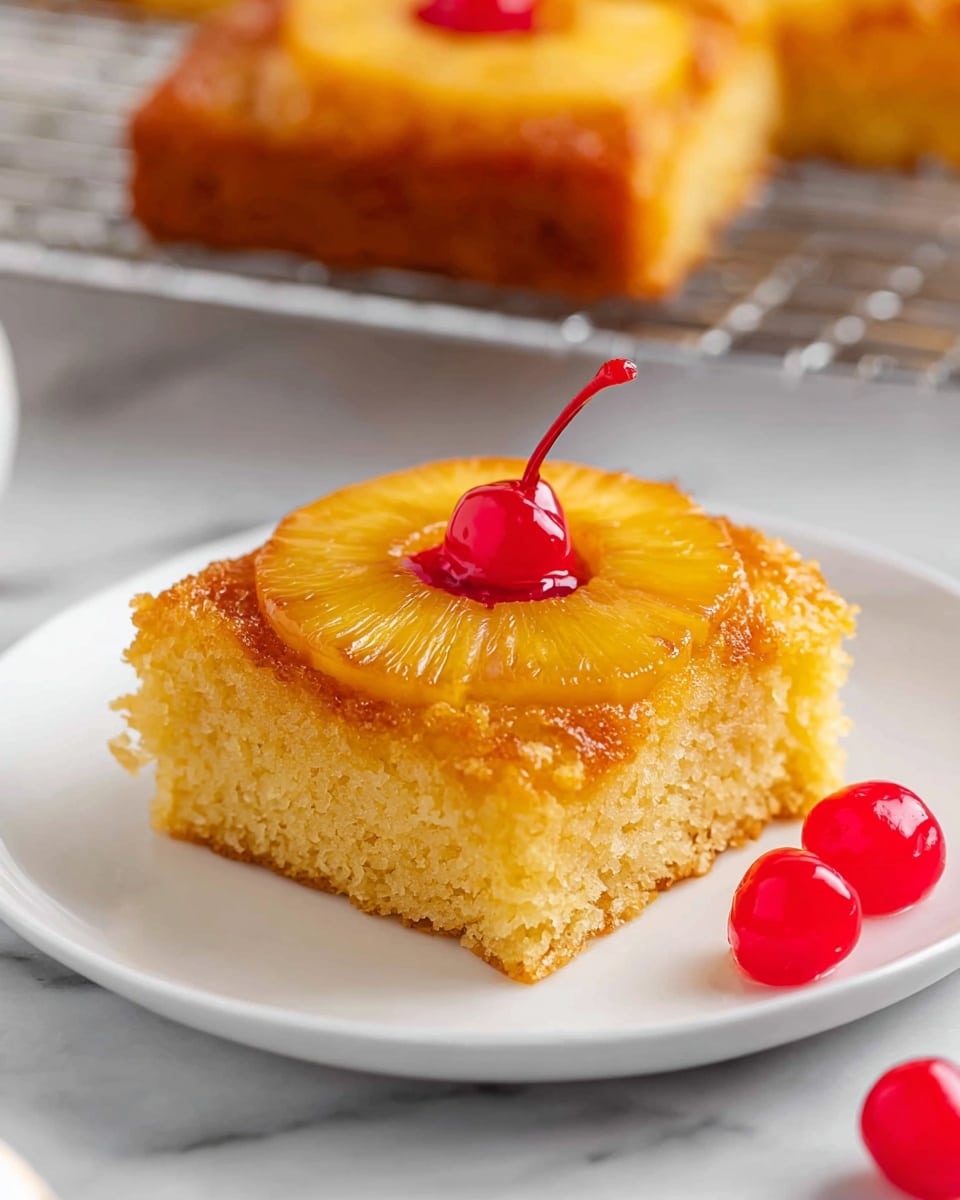 A rectangular pineapple upside-down cake with a golden-brown base and a moist texture is shown from above, placed on a shiny silver tray with handles on each side. The top layer features ten bright yellow pineapple rings arranged in rows, each decorated in the center with a shiny red cherry. Smaller cherries are scattered between the pineapple rings, adding a pop of color. The whole cake sits on a white marbled surface, with part of a fork and a rolling pin visible at the edges. photo taken with an iphone --ar 4:5 --v 7