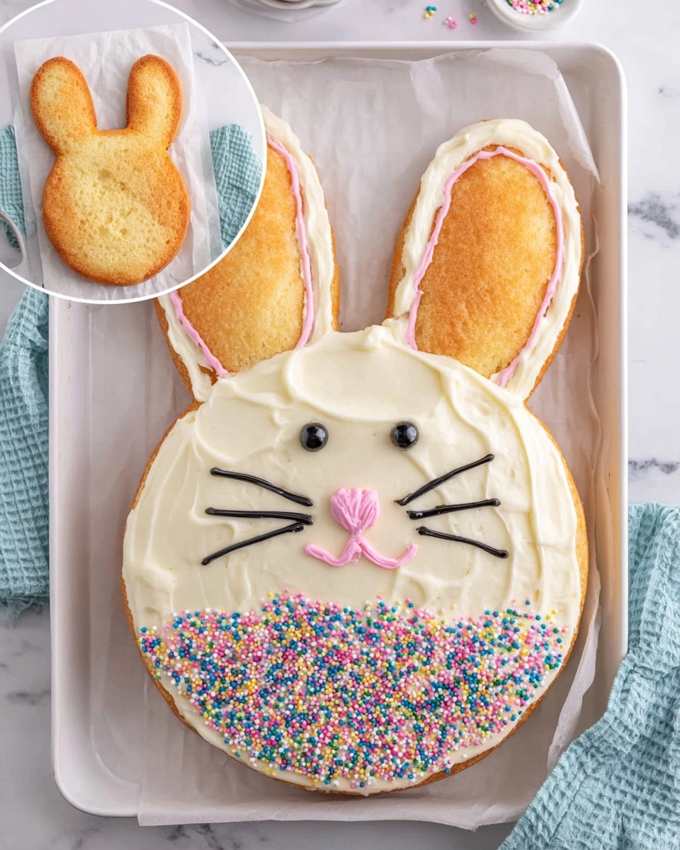 The image shows a bunny-shaped cake with three main layers arranged on a white baking tray lined with parchment paper. The bottom layer is a round cake with two rounded pieces placed above it to form bunny ears, all light golden brown in color. The decorated cake has smooth white frosting covering the face and ears, with pink frosting inside the ears and around the edges. The lower part of the bunny is decorated with white frosting covered in colorful sprinkles. The face has simple black eyes, a small pink nose, black whiskers, and a pink mouth. The whole scene is set on a white marbled surface with a light blue cloth nearby. photo taken with an iphone --ar 4:5 --v 7