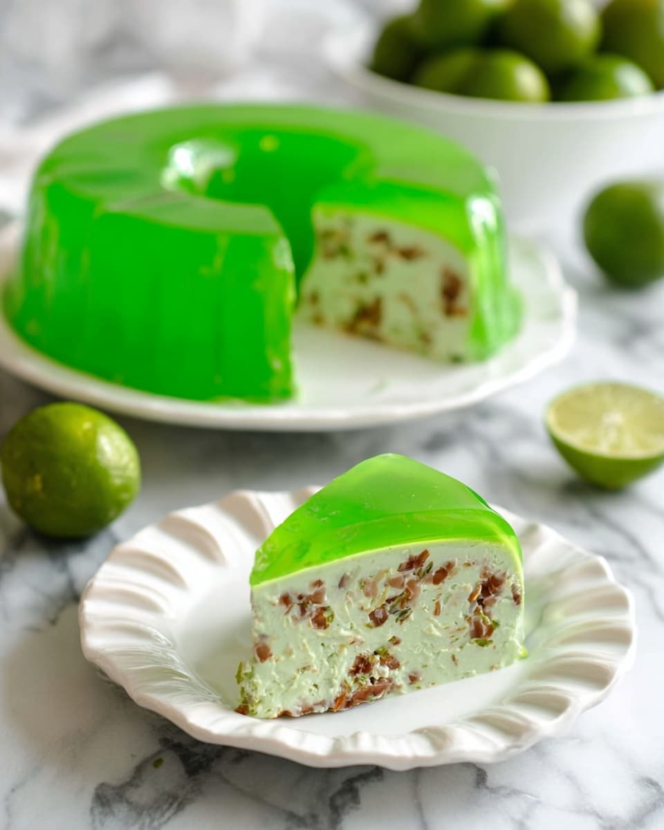A round dessert with two layers sits on a white plate on a white marbled surface. The top layer is a shiny bright green jelly shaped with curved segments, forming a ring with a hole in the middle. The bottom layer is a light green creamy layer with small specks of darker bits inside, also shaped in the same segmented ring form. Behind the plate, there is a white bowl full of fresh green limes, and to the right, there is a white wire rack holding several clear glass bottles. Photo taken with an iphone --ar 4:5 --v 7
