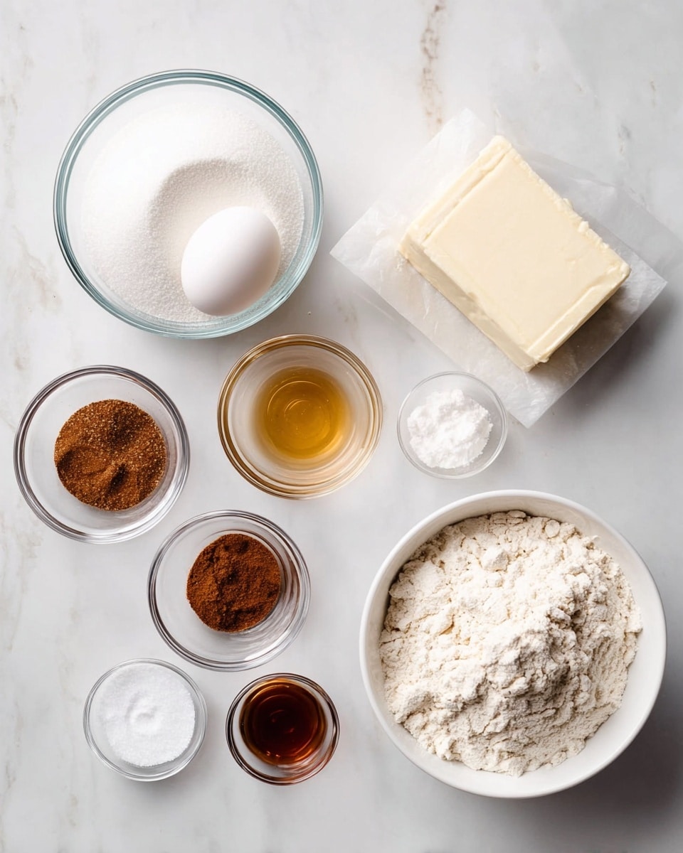 The image shows a white marbled surface with nine ingredients neatly arranged. There is a large white bowl filled with flour near the right side, and next to it on the top right is an unwrapped block of butter. Above the flour is a clear glass bowl filled with sugar. To the left of the sugar is a white egg. Below the egg, there are three small clear glass bowls: one with brown spices, one with a dark brown powder, and one with a golden liquid. Between the flour and the egg, there are two small clear glass bowls, one with white powder and the other with salt. All items are placed in an orderly layout, showing simple baking ingredients on the white marbled surface photo taken with an iphone --ar 4:5 --v 7