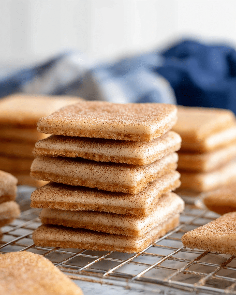 The image shows diamond-shaped cookies arranged on a cooling rack placed on a white marbled surface. Each cookie has three visible layers: two light brown cookie layers with a slightly rough texture and a thin darker brown filling layer in the middle. The top and bottom cookie layers are coated with a fine dusting of cinnamon sugar, giving them a slightly grainy surface. In the top left corner, part of a blue and white checkered cloth is visible, and on the right side, there is a white ceramic jar. Photo taken with an iphone --ar 4:5 --v 7