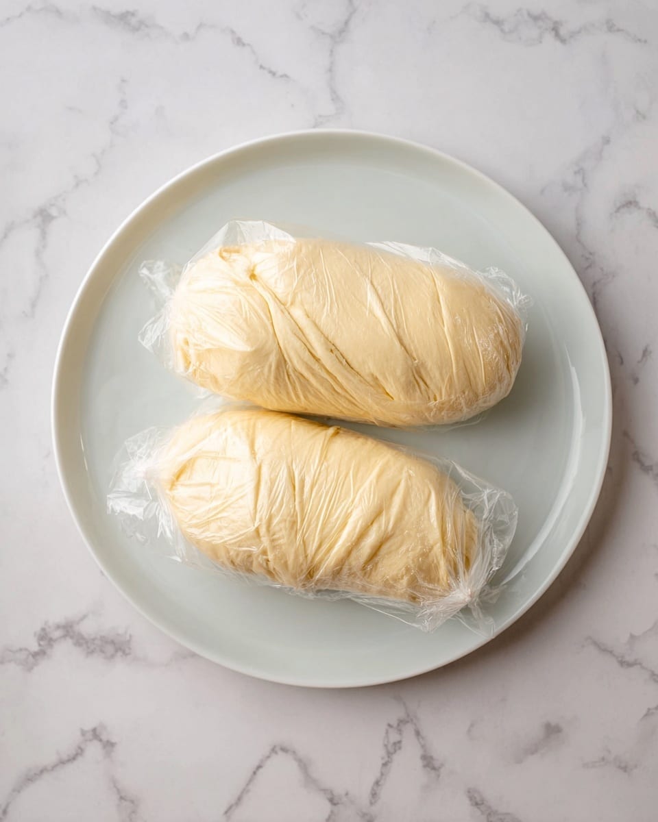 Two smooth, pale yellow dough shapes wrapped tightly in clear plastic wrap rest on a simple white plate. Each dough bundle is elongated and slightly rounded, with visible folds and creases where the plastic clings closely to the soft surface. The plate sits on a white marbled background with delicate gray veins, adding a clean and elegant touch to the scene. photo taken with an iphone --ar 4:5 --v 7