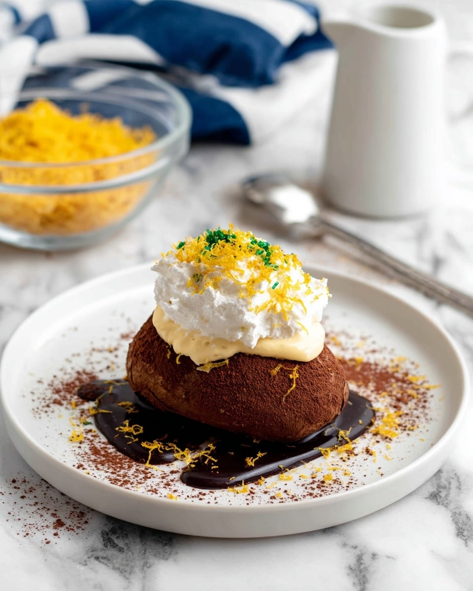 A dessert with one main piece shaped like a small potato covered in dark cocoa powder sits on a white plate. The piece is topped with a thick layer of white whipped cream sprinkled with yellow flakes and a few green sprinkles. Underneath the cocoa layer, a smooth light yellow cream is visible in the middle of the piece. Around the dessert on the plate are some scattered yellow flakes and dark chocolate sauce forming a rough rectangular shape. In the background on a white marbled surface, there is a clear bowl with yellow crumbs and a silver spoon. A white jug and a blue and white cloth are also slightly visible. Photo taken with an iphone --ar 4:5 --v 7