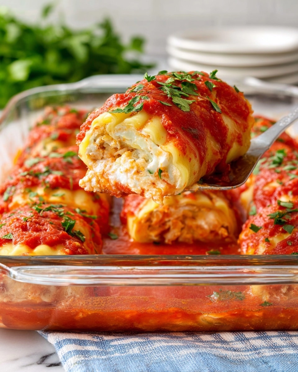 A clear rectangular glass baking dish holds seven large cabbage rolls arranged tightly in two rows, four on top and three on the bottom. Each roll is wrapped in pale green, slightly wrinkled cabbage leaves with bright red tomato sauce spread unevenly on top. The dish is filled with thick tomato sauce of a rich red color, almost covering the rolls' bottoms. Bright green chopped parsley is sprinkled over all the rolls, adding contrast. A silver spatula with an ornate handle rests in the sauce near the bottom right corner of the dish. The dish sits on a white marbled surface with a small green parsley sprig visible at the top left and a glass of clear water at the top right. photo taken with an iphone --ar 4:5 --v 7