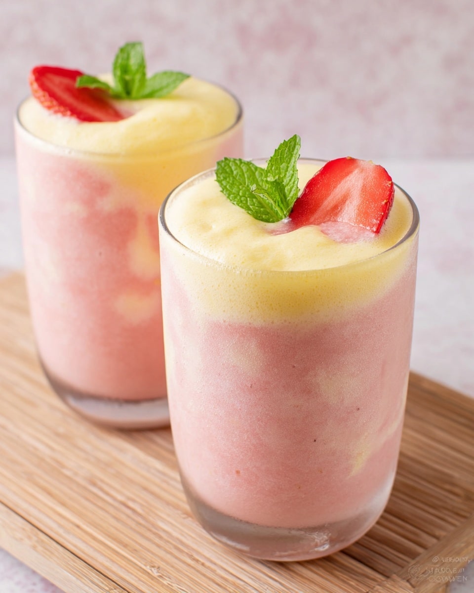 Two clear glasses hold a creamy pink smoothie with soft light yellow swirls mixed throughout. Each glass is topped with a thick yellow foam layer that looks smooth and slightly frothy. On the foam, there is a bright red strawberry slice resting near a small bright green mint leaf, adding color contrast and freshness. The glasses stand on a light wooden mat, placed on a white marbled surface, giving a clean and fresh look. The photo taken with an iphone --ar 4:5 --v 7