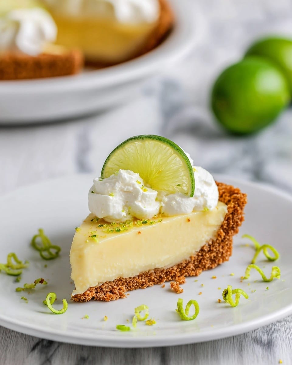 This image shows a pie with three main layers. The bottom layer is a thick, crumbly, golden brown crust that lines the clear pie dish. The middle layer is a smooth, pale yellow filling that fills the crust evenly. On the top layer, there are eight dollops of white whipped cream spaced evenly around the edge, and a larger cluster of whipped cream in the center. The center cluster is decorated with small slices of green lime and tiny green lime zest scattered across the filling and whipped cream. The pie is placed on a white marbled surface. Photo taken with an iphone --ar 4:5 --v 7
