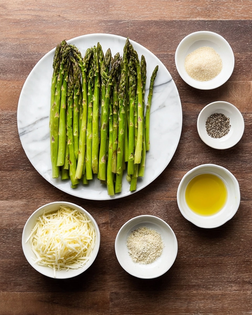 A tray of green asparagus spears laid out in a single, even layer, covered with melted white cheese that is slightly stringy and topped with small green herb flakes and red pepper flakes scattered mostly on the cheese center. The tray is dark metal with a slightly worn texture, sitting on a white marbled surface. Surrounding the tray are a white plate with a blue pattern, two small white bowls with grated cheese, and a shiny golden spatula to the right. Photo taken with an iphone --ar 4:5 --v 7