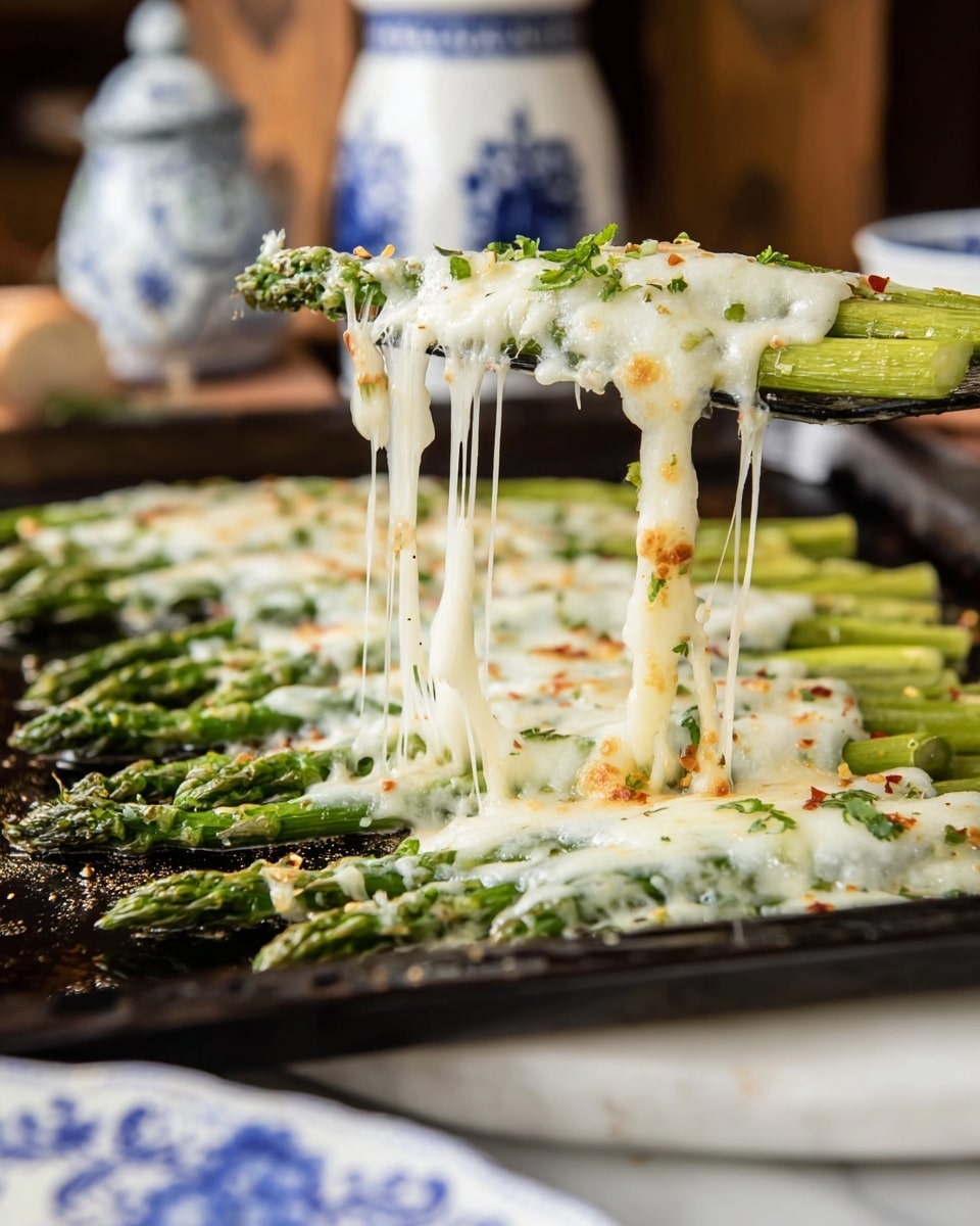 A serving spatula lifts a bundle of bright green asparagus spears from a black baking tray. The asparagus is covered with a thick layer of melted white cheese that stretches in long, stringy strands as it pulls away. The cheese has small sprinkles of green herbs and red pepper flakes on top. The black baking tray beneath holds more bundles of asparagus, also covered in melted white cheese and garnished similarly, resting on a white marbled surface. In the blurred background, a white plate with blue floral patterns and a white jar with blue designs are visible. photo taken with an iphone --ar 4:5 --v 7