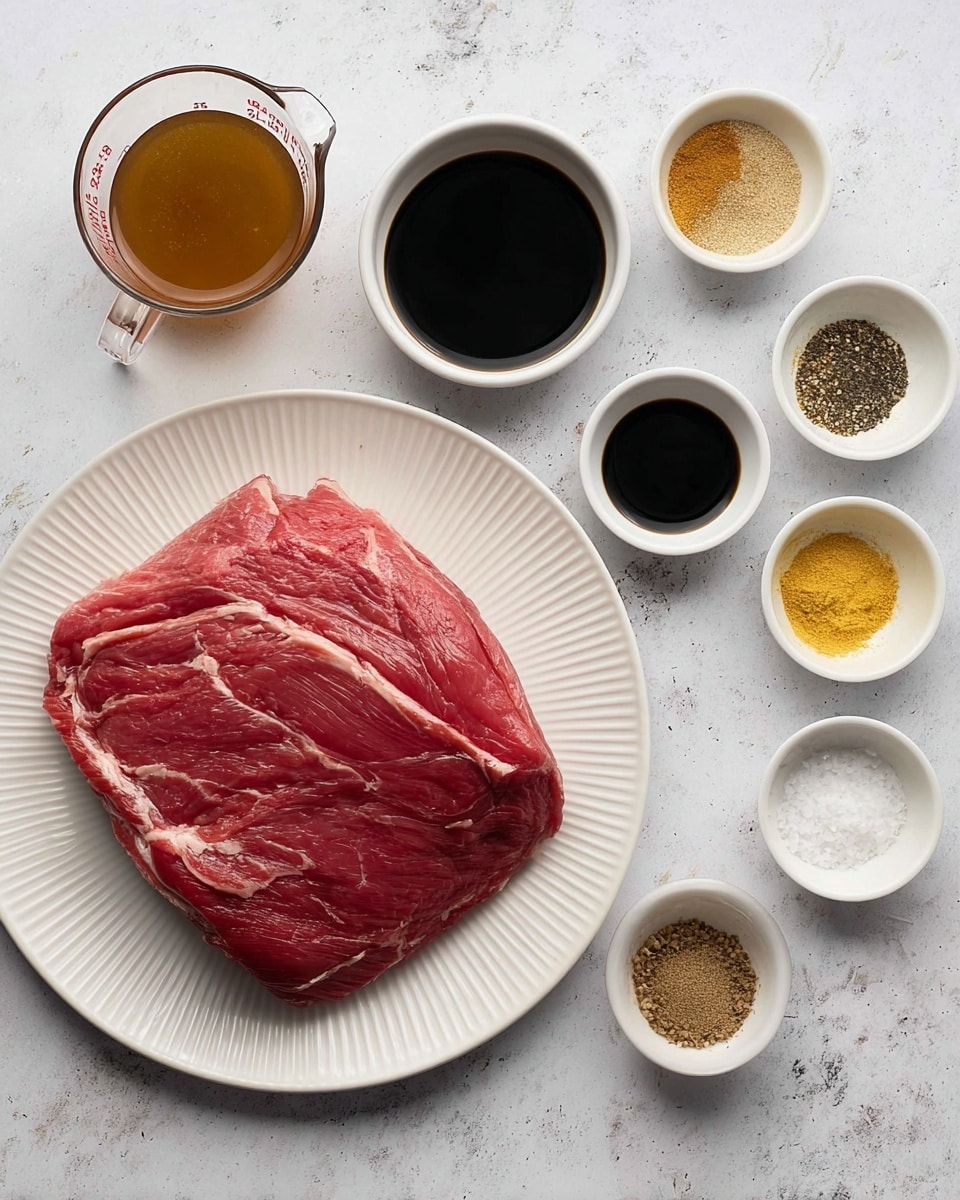 The image shows several slices of cooked beef layered in a black slow cooker. The beef slices have a brown color with a slightly rough, soft texture, and are placed in two main rows, one on top and one below. The meat is covered with a light brown sauce that pools at the bottom, giving a glossy shine to the beef. Small pieces of green herbs are scattered on the beef, adding a touch of color. The slow cooker sits on a red and white checkered cloth, all on a white marbled surface. photo taken with an iphone --ar 4:5 --v 7