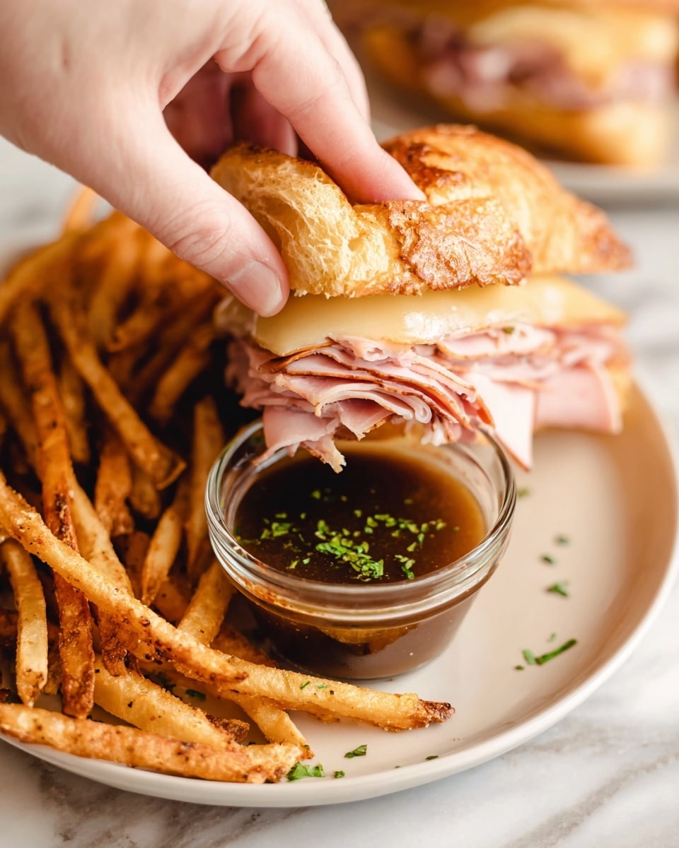 A baking tray holds several small sandwiches each made of a lightly toasted golden brown bun with grill marks, filled with layers of pink sliced meat and melted white cheese, with small bits of green herbs sprinkled on top. Around the sandwiches are thin golden fries and a small glass bowl filled with dark brown dipping sauce, also sprinkled with green herbs. The tray is placed on a white marbled surface with some green sprigs adding decoration. photo taken with an iphone --ar 4:5 --v 7