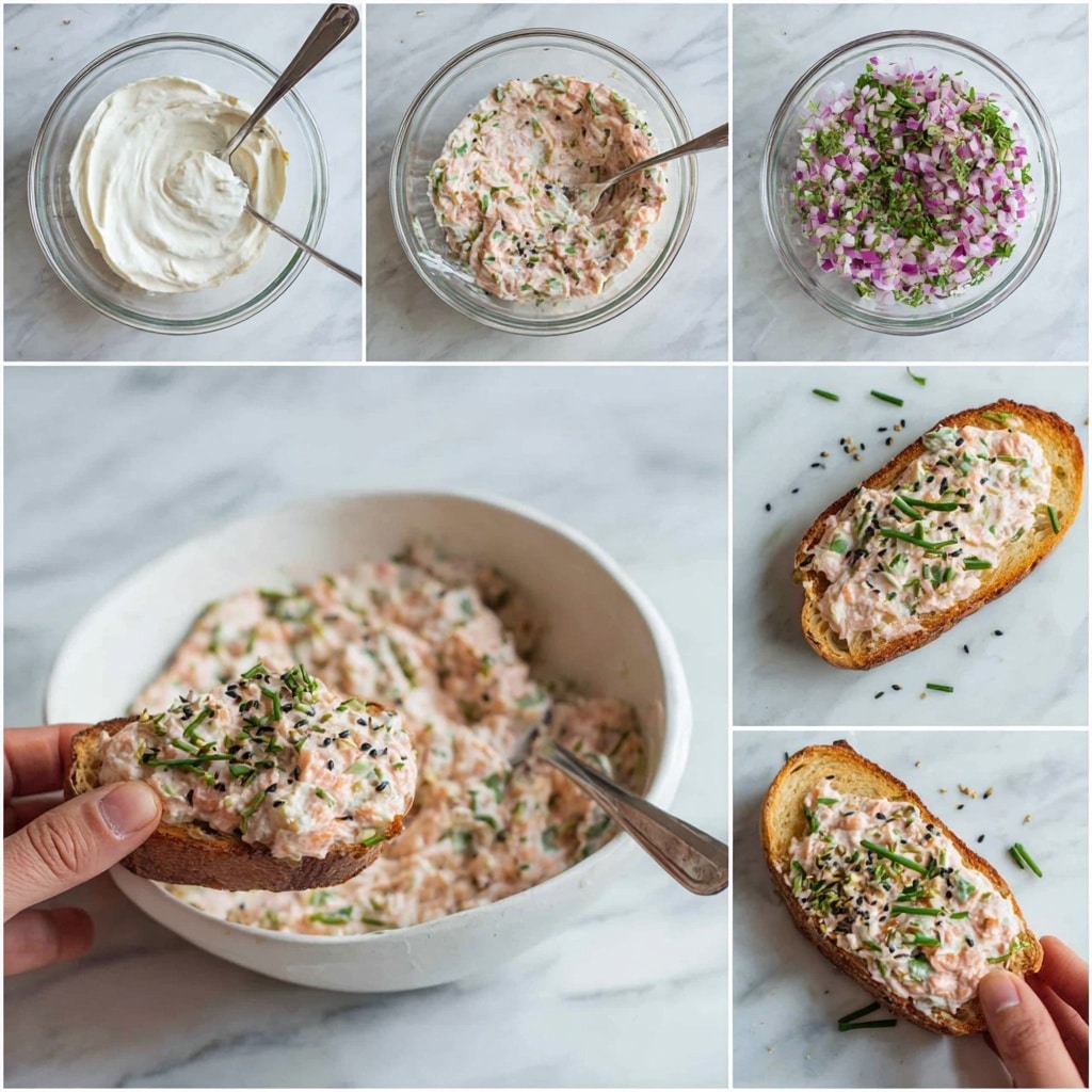 A white bowl filled with a creamy dip that has a thick and slightly chunky texture, topped with green dill sprigs, small green capers, black and white sesame seeds, and tiny pieces of purple onion, all drizzled lightly with yellow olive oil. The bowl sits on a wooden board with brown toasted bread slices arranged around the bottom, round light beige crackers stacked on the right, and four rectangular crackers standing on the left. In the top left corner, part of a red and white radish bunch is visible, and two small silver spoons with blue floral designs on the handles rest on the wooden board behind the bowl, all on a white marbled surface photo taken with an iphone --ar 4:5 --v 7