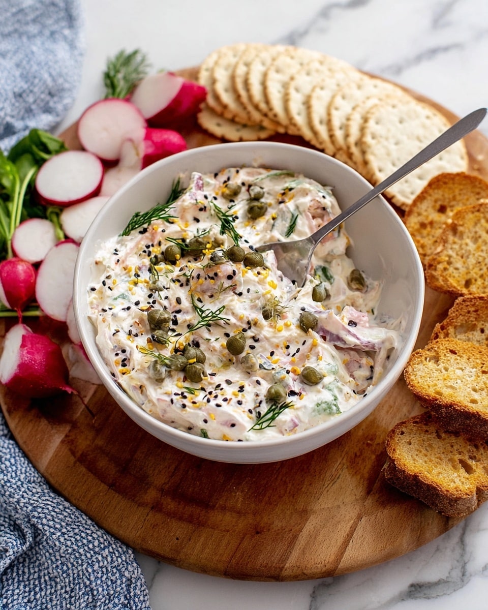 A white bowl filled with a creamy dip with a mix of white and light pink colors, sprinkled with black and yellow seeds, small green capers, and fresh green dill leaves. The dip shows small bits of purple onion mixed in, and a silver spoon is placed on the right side partially dipped in it. The bowl sits on a round wooden board with a few slices of brown toasted bread, some radishes cut in half with their green tops, round white crackers stacked in the background, and some light brown crackers on the left side. The whole scene rests on a white marbled surface with a blue and white cloth in the top background. Photo taken with an iphone --ar 4:5 --v 7