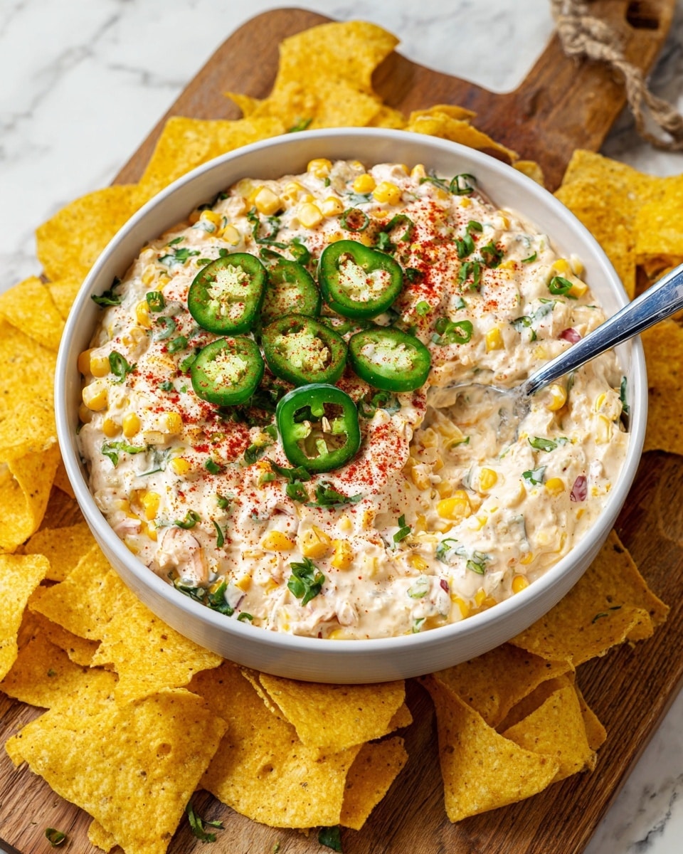 A white bowl with a black rim is filled with a creamy, chunky dip that has small pieces of corn, red peppers, and green herbs mixed in. The dip is topped with slices of green jalapeno, chopped green onions, bright yellow corn kernels, and fresh green herbs, sprinkled with a light dusting of red seasoning. A yellow triangular chip is held by a woman's hand, scooping some of the dip that shows the creamy texture with visible jalapeno slices and herbs. In the background, more yellow chips are blurred, all placed on a white marbled surface. Photo taken with an iphone --ar 4:5 --v 7