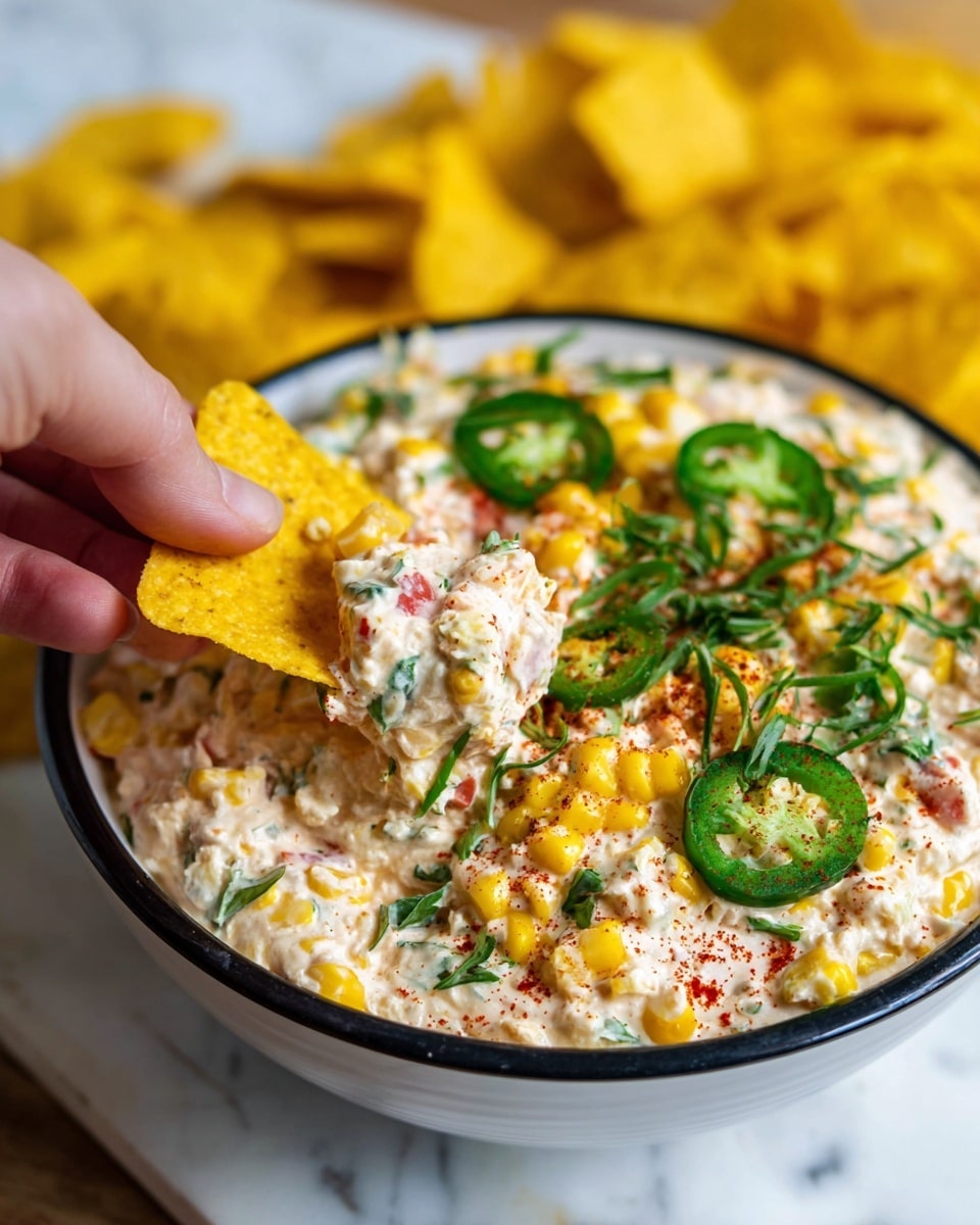 A white bowl filled with a creamy, chunky dip made of light beige base mixed with pieces of yellow corn, green herbs, and small red bits, topped with sliced green jalapenos, corn kernels, chopped green onions, and a sprinkling of fine red seasoning. A silver spoon is partly dipped into the dip, resting inside the bowl. The bowl is placed on a wooden board with yellow corn chips surrounding it on a white marbled surface. photo taken with an iphone --ar 4:5 --v 7