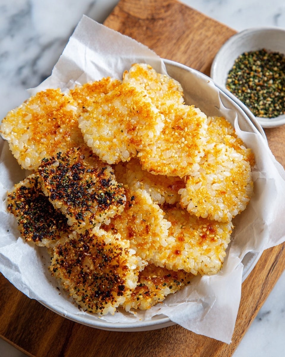 The image shows a white bowl lined with white parchment paper filled with crispy rice cakes. There are two main groups: one with golden brown, crunchy-edged rice cakes that have a textured, toasted surface on top, and another group with lightly charred rice cakes covered with black and green seasoning, giving a speckled look. The rice cakes are stacked unevenly, showing their glossy, sticky rice grains and rough texture. Next to the bowl is a small white bowl with green and white seasoning. The background features a white marbled surface and a wooden board. Photo taken with an iphone --ar 4:5 --v 7