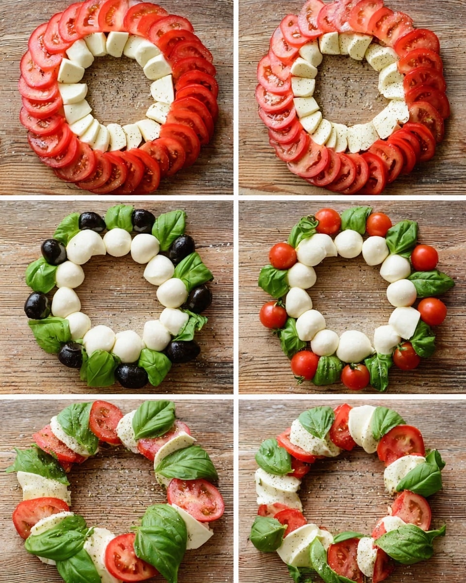 A circular wooden board displays a festive wreath-shaped salad. The salad is made with three main layers arranged in alternating order: thick white slices of mozzarella cheese, bright red tomato slices, and fresh green basil leaves. Smaller round mozzarella balls form an inner ring, surrounded by the larger slices of mozzarella and tomato arranged in a circle with basil leaves interspersed. Black olive slices and small red and yellow grape tomatoes are scattered evenly on top, adding contrast and texture. The entire dish is sprinkled lightly with coarse black pepper and a drizzle of olive oil. The background is a white marbled surface. Photo taken with an iphone --ar 4:5 --v 7