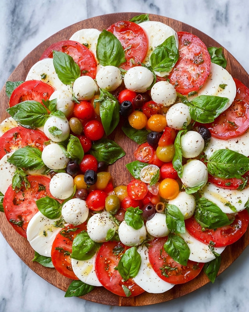 A round wooden board holds a circular wreath-shaped salad with five layers. The first layer on the outer edge is fresh green basil leaves arranged evenly around the circle. The second layer inside is small red cherry tomatoes spaced around the circle. The third layer is alternating slices of white mozzarella cheese and red tomato slices, each slice smooth and round, overlapping slightly in a neat pattern. The fourth layer closer to the center is small round white mozzarella balls laid in a ring. The fifth layer features small dark purple olive slices scattered on top of the cheese and tomatoes, with some more basil leaves for decoration. The board background has a white marbled texture. The salad looks fresh with a drizzle of olive oil and a light sprinkle of black pepper. photo taken with an iphone --ar 4:5 --v 7