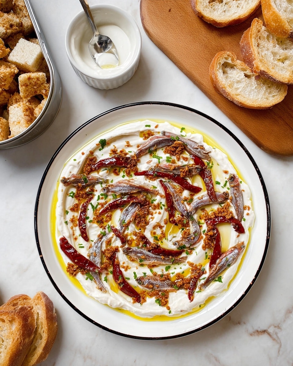 A white plate with a thin black rim holds a creamy white base layer spread evenly, topped with thin strips of reddish roasted bell peppers and light brown anchovy fillets laid in a loose swirling pattern. Small pieces of crispy light brown bread crumbs are scattered on top, with a drizzle of golden oil spread evenly over the dish. Around the plate, there is an open tin showing two whole anchovy fillets, a white bowl with crunchy bread cubes, a white container with a spoon resting inside creamy sauce, and toasted slices of bread on a wooden cutting board. All items rest on a white marbled surface. photo taken with an iphone --ar 4:5 --v 7