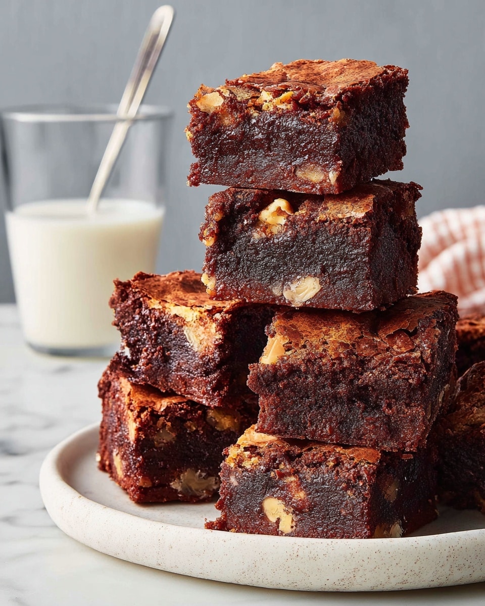 The image shows a stack of three thick, square chocolate brownies with a rich dark brown color and a moist texture. Each brownie has a swirled lighter brown pattern on top that looks like caramel or peanut butter. The brownies are stacked on a white plate with a slightly rough texture, set on a white marbled surface. In the background, there is a blurred glass bottle of milk on the left and more brownies scattered around on the surface. The photo taken with an iphone --ar 4:5 --v 7