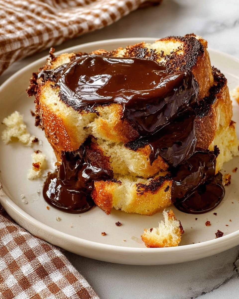 A close-up of a white plate with three torn layers of bread that show a soft, light yellow inside and a dark brown toasted outside. The bread layers are uneven and stacked haphazardly. Over these layers, thick, shiny, dark chocolate sauce is generously spread and dripping down the sides, creating a glossy texture. There are some small bread crumbs scattered around the plate. The plate is set on a white marbled surface with a checkered cloth partially visible underneath. Photo taken with an iphone --ar 4:5 --v 7