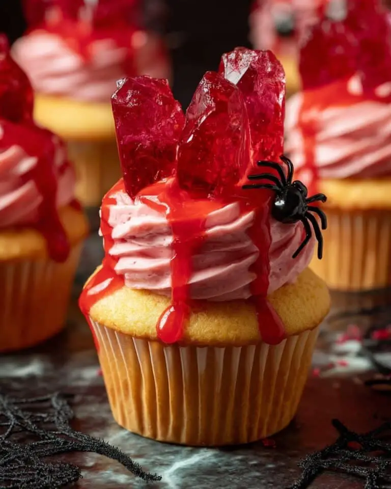 Bloody Raspberry Muffins with Raspberry Insert and Broken Glass Decoration Recipe
