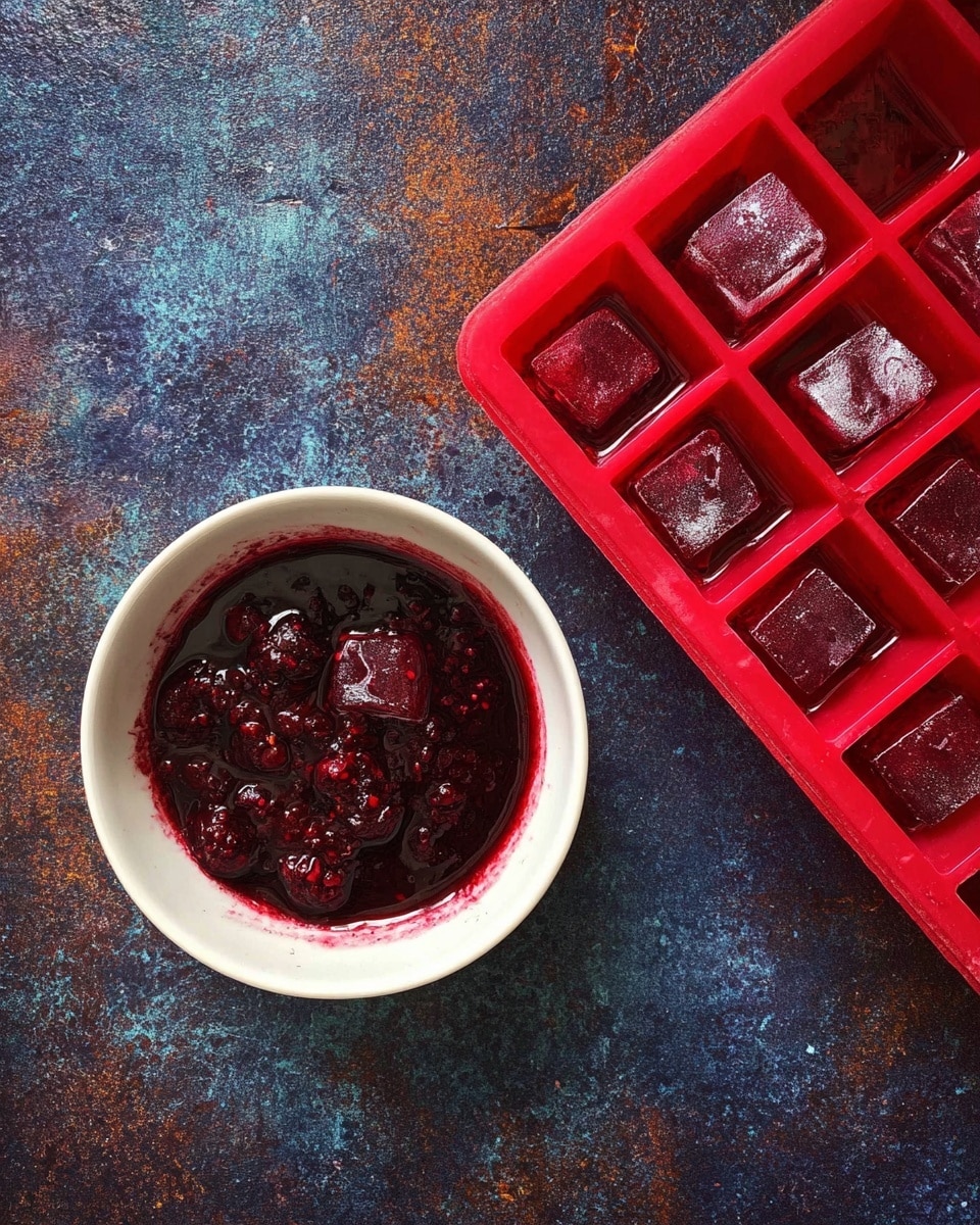 A small white bowl is filled with deep red chunky sauce, showing visible pieces of berries or seeds. To the upper right, a red ice cube tray stands filled with the same dark red mixture, with some shiny liquid reflecting light on its uneven textured surface. Both are set on a rough dark blue and rusty textured surface. photo taken with an iphone --ar 4:5 --v 7