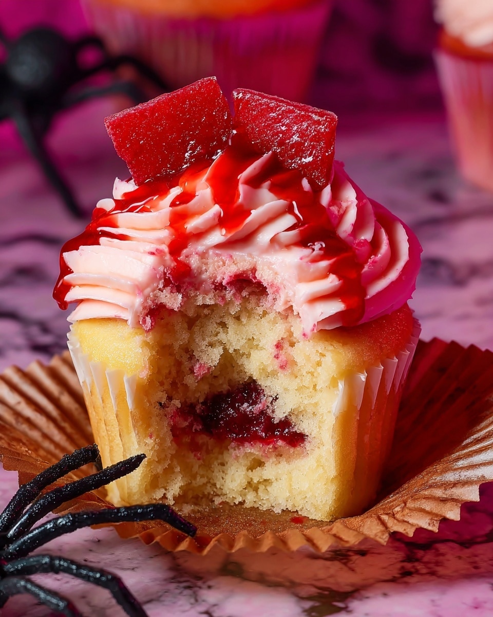 The image shows a cupcake with three main layers: the base is a yellow cake wrapped in a light brown paper liner; the middle layer is pink frosting with a smooth, ridged texture piped on top; the top layer has red translucent shards standing upright in the frosting and thick, shiny red syrup drizzled over the frosting and shards. A small black plastic spider is placed on the frosting near the front. The cupcake is on a dark surface with spider web decorations, and the background has other similar cupcakes with the same colors and decorations. photo taken with an iphone --ar 4:5 --v 7